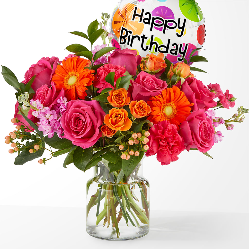 Fiesta Bouquet with Birthday Balloon – Rambling Rose Florist, Dunedin FL