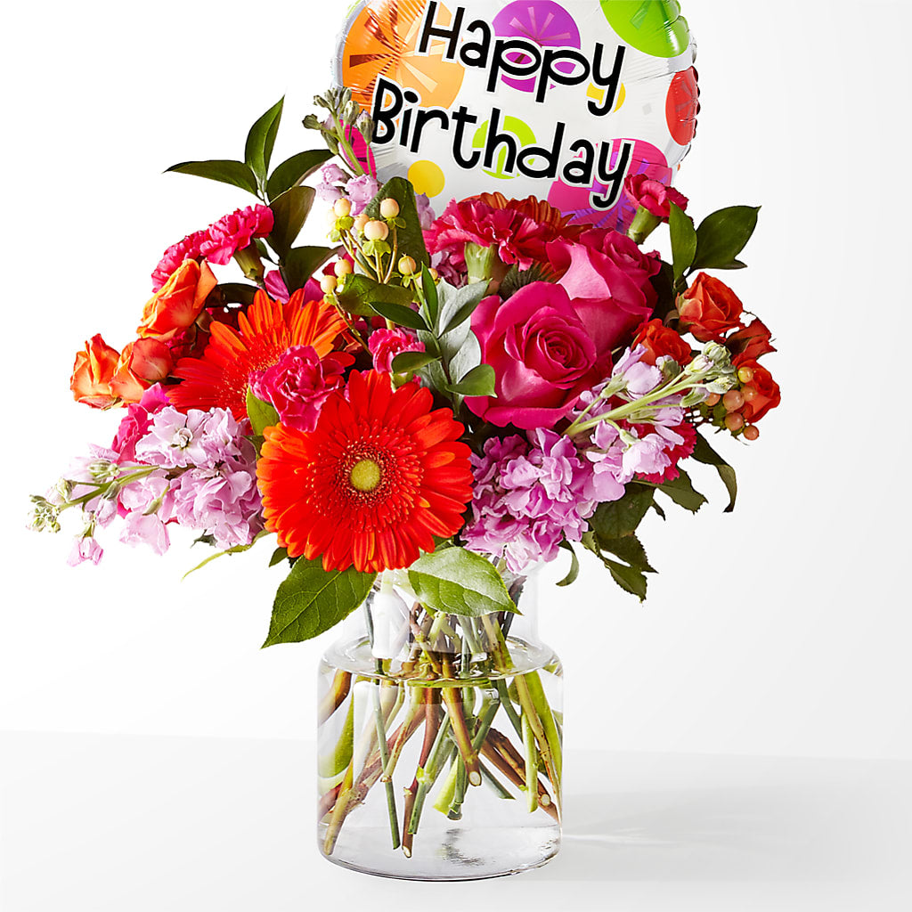 Fiesta Bouquet with Birthday Balloon – Rambling Rose Florist, Dunedin FL