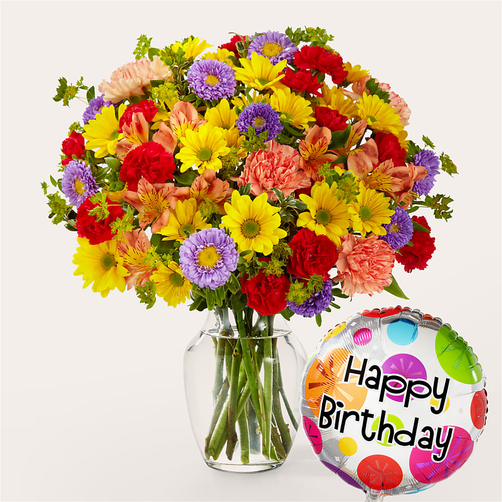 Kaleidoscope Bouquet with Birthday Balloon – Rambling Rose Florist, Dunedin FL