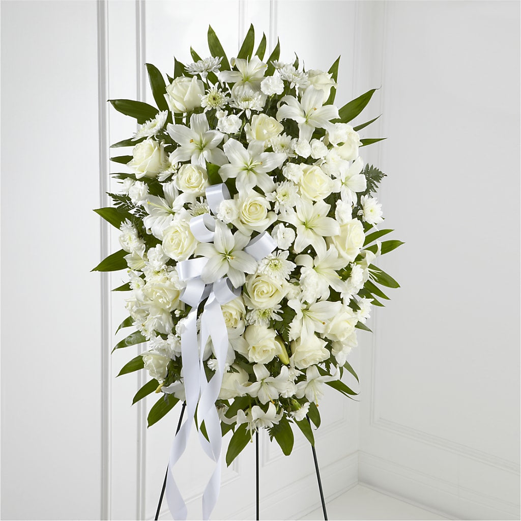 Exquisite Tribute Standing Spray-White Ribbon – Rambling Rose Florist, Dunedin FL