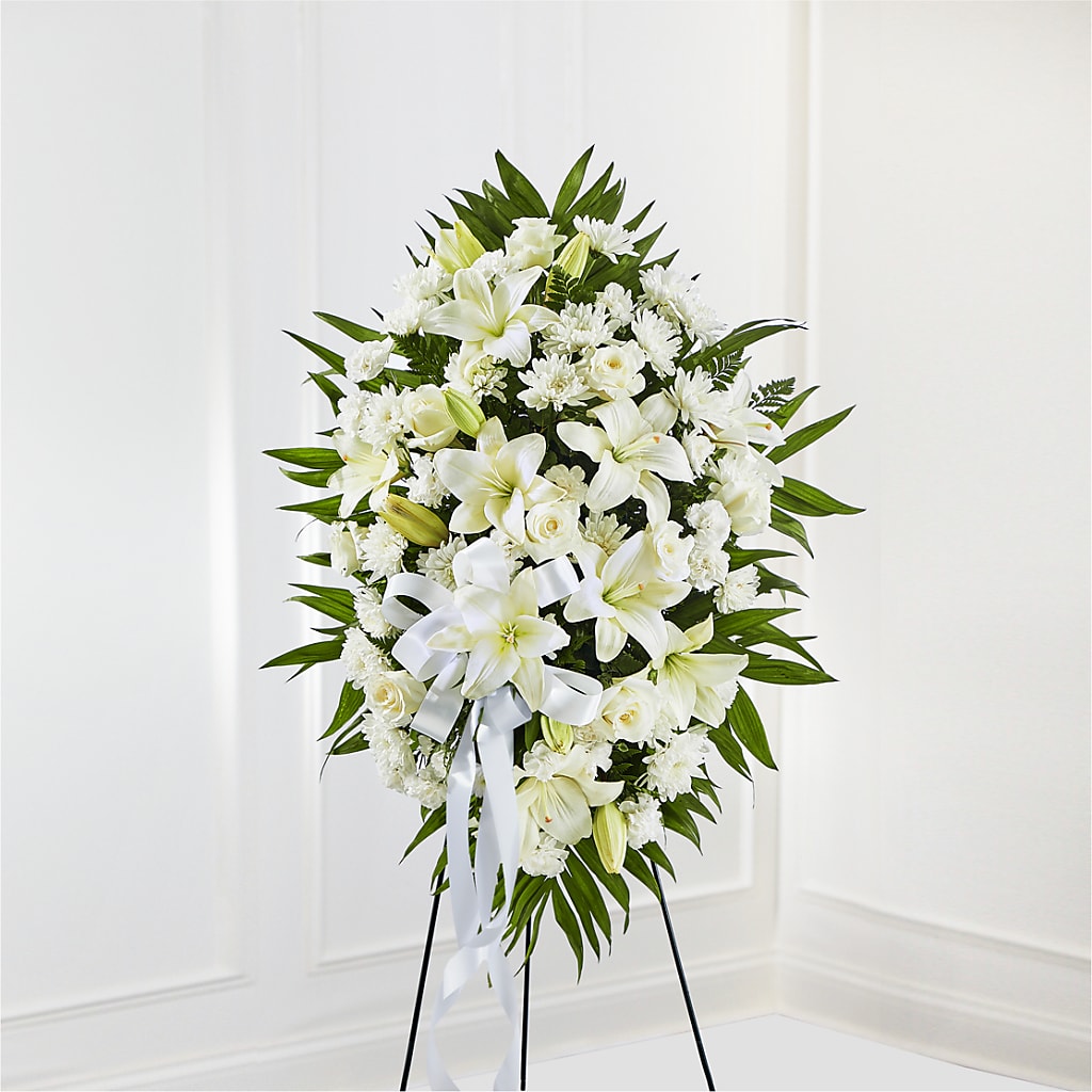 Exquisite Tribute Standing Spray-White Ribbon – Rambling Rose Florist, Dunedin FL